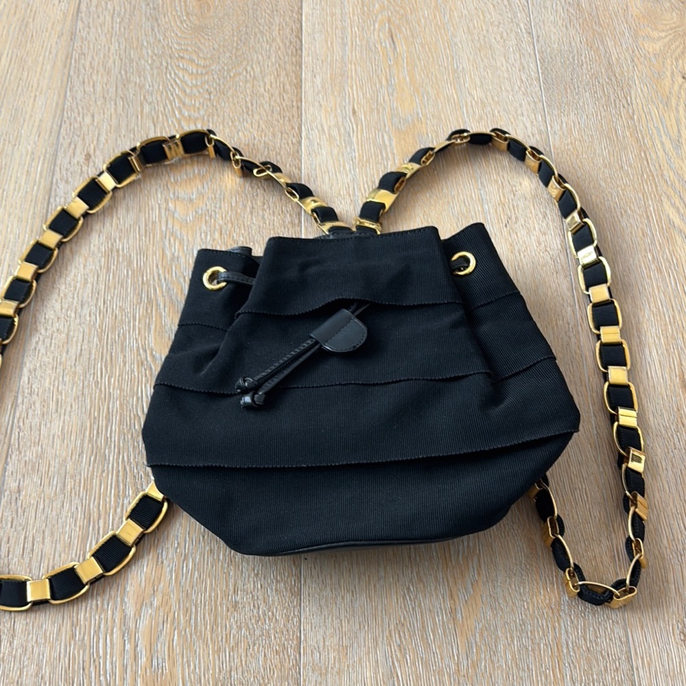 Ferragamo Black and Gold Bucketbag/Backpack with Gold Chain Strap